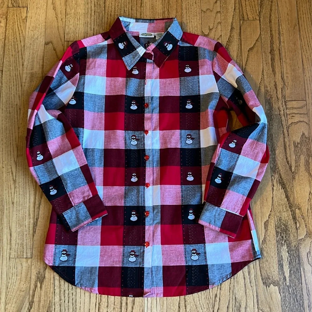 VTG plaid snowmen button downn women medium patchworkrk red white‎ black